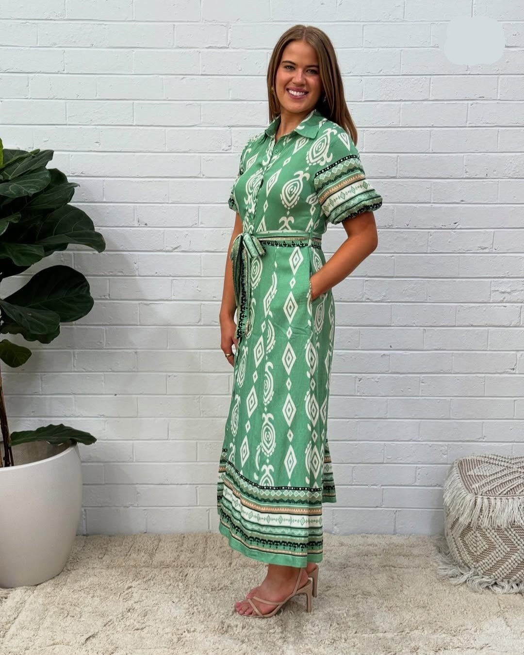 Aztec Button Up Maxi Dress Green