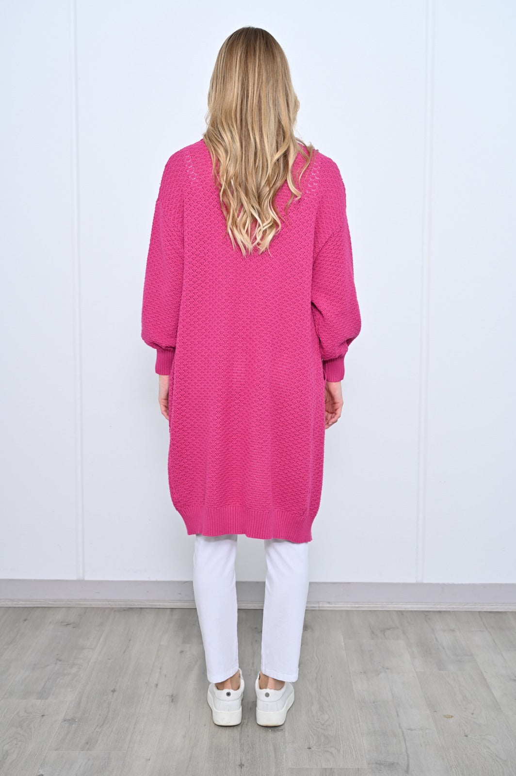 Honeycomb Knit Long Cardigan - Hot Pink