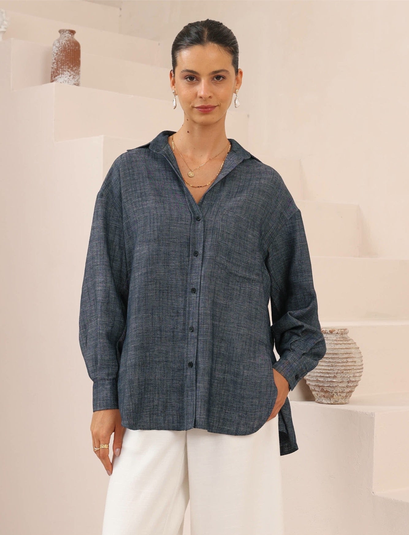 Iris Maxi Shirt & Shorts Set - Navy Fleck