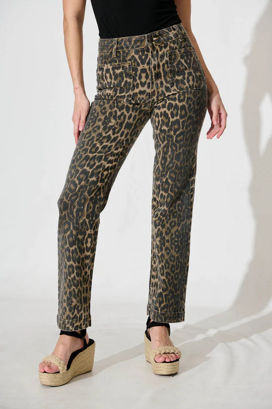 High Rise Straight Leg Jean - Leopard