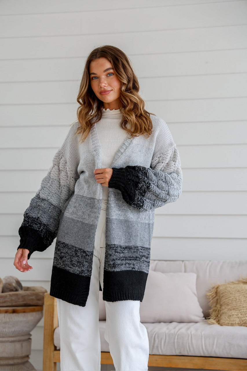 Chunky Knit Ombre Stripe Cardigan - Grey/Black