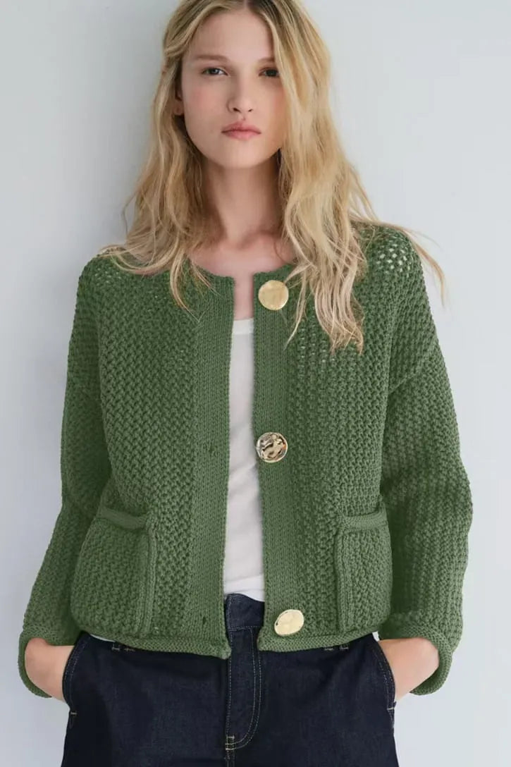 Gold Button Cardigan Army Green