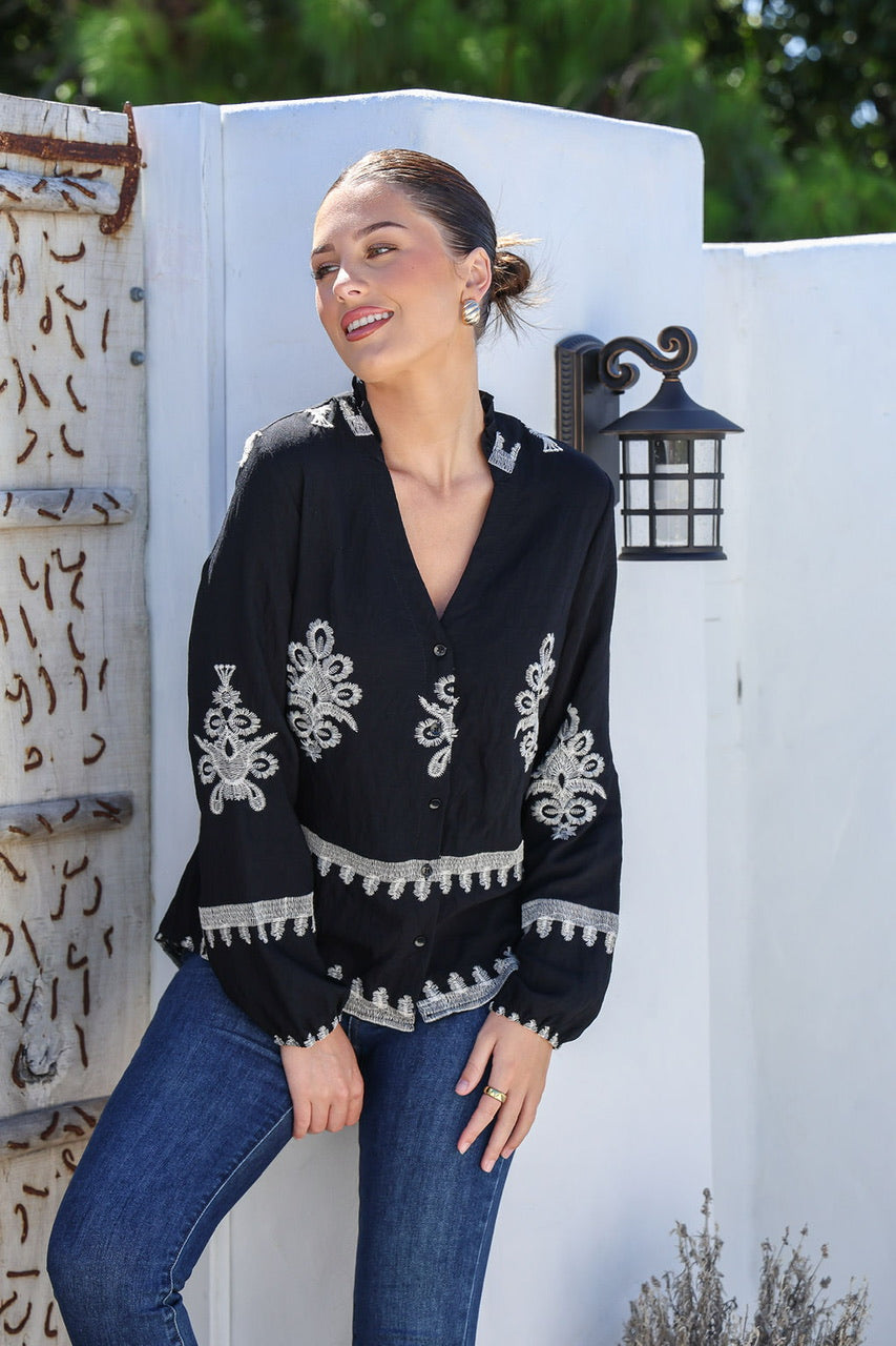 Shirred Detail Embroidery Top - Black