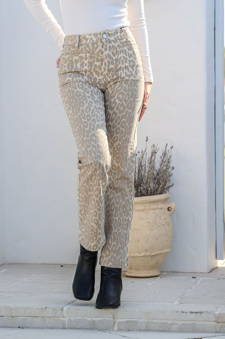 High Rise Straight Leg Jean - Oatmeal Leopard