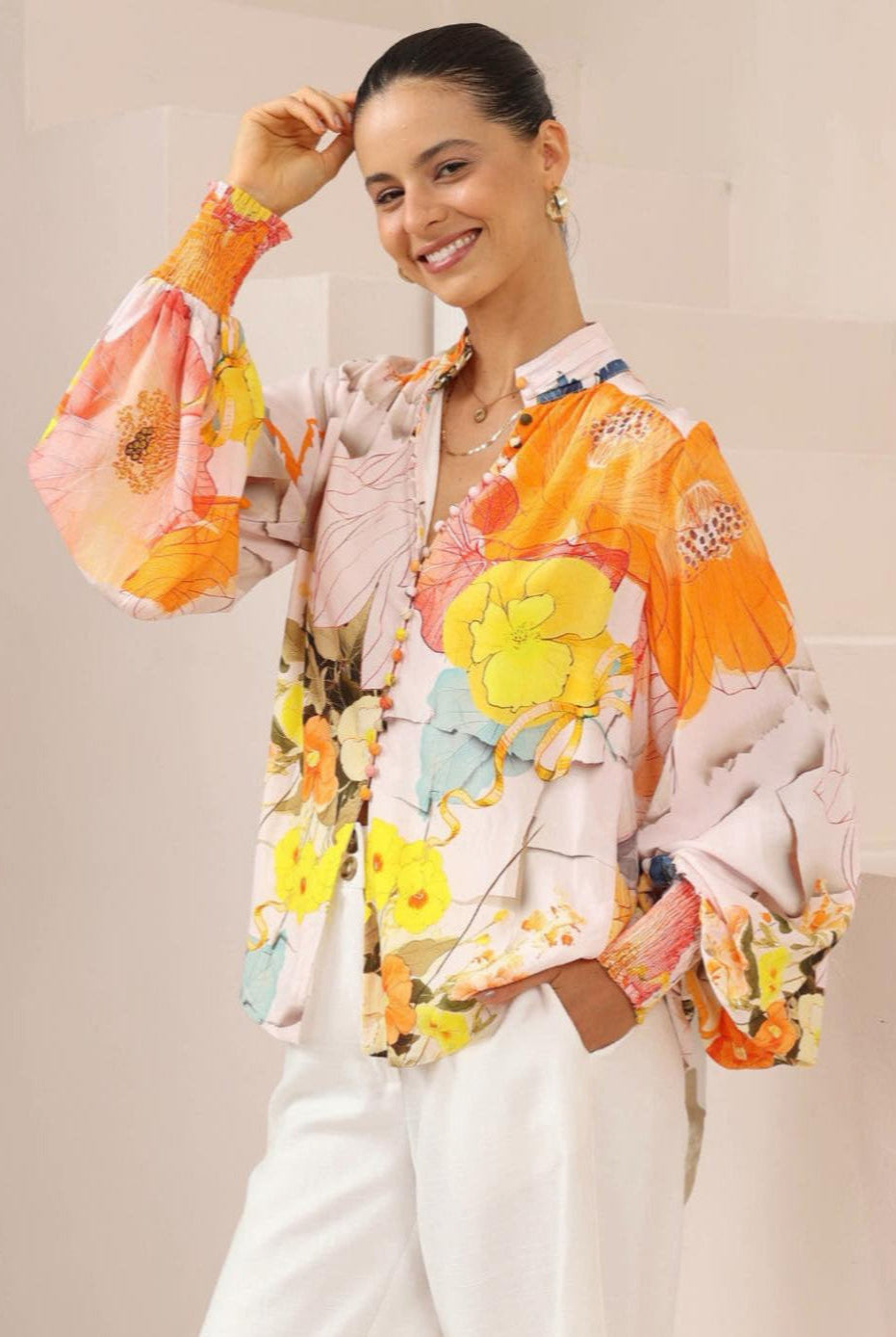 Iris Maxi Hibiscus Balloon Sleeve Blouse