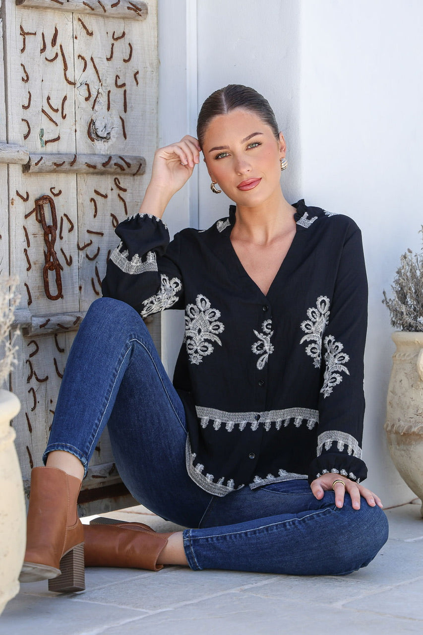 Shirred Detail Embroidery Top - Black
