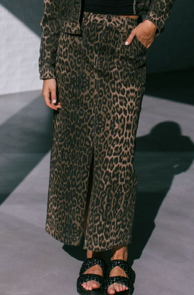 Stretch Denim Leopard Maxi Skirt