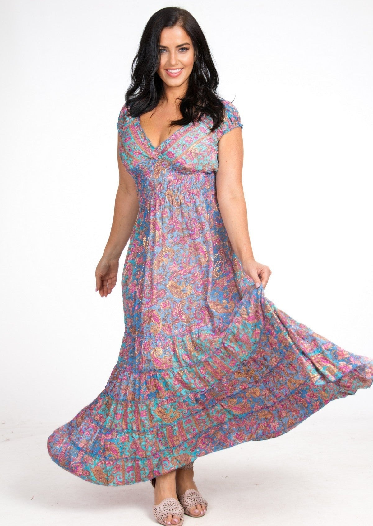 Silk Maxi Dress Blue/Pink