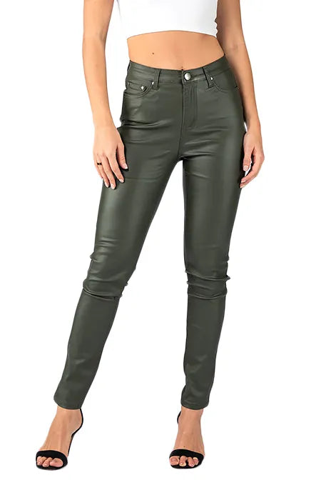 Wakee Khaki Wet Look High Rise Jeans