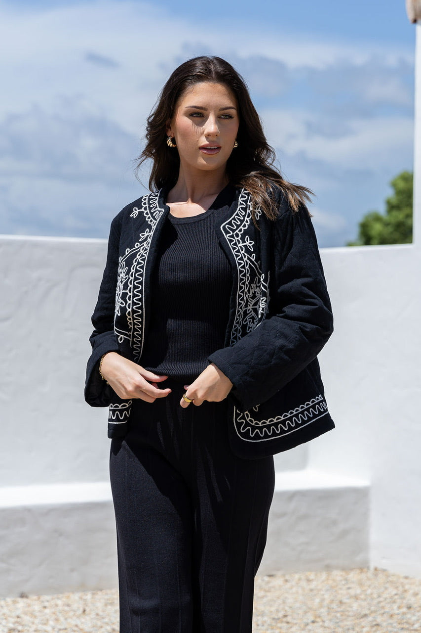 Cornelli Stitched Quilted Jacket - Black