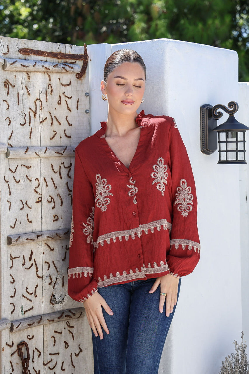 Shirred Detail Embroidery Top - Berry