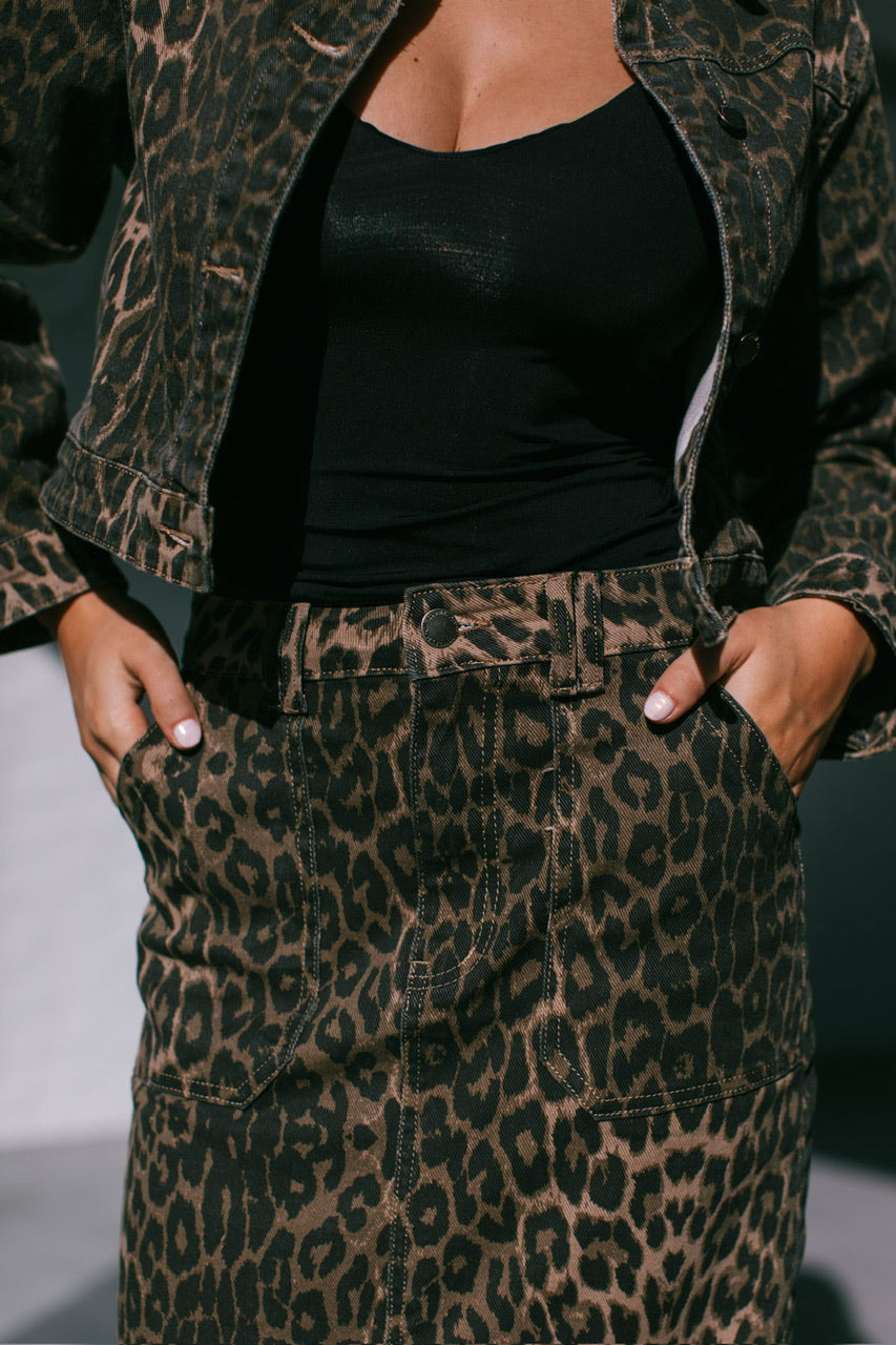 Stretch Denim Leopard Maxi Skirt