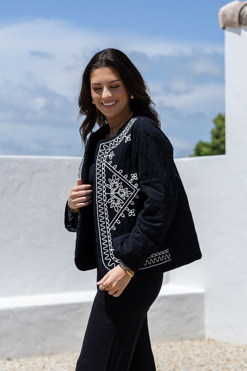 Cornelli Stitched Quilted Jacket - Black