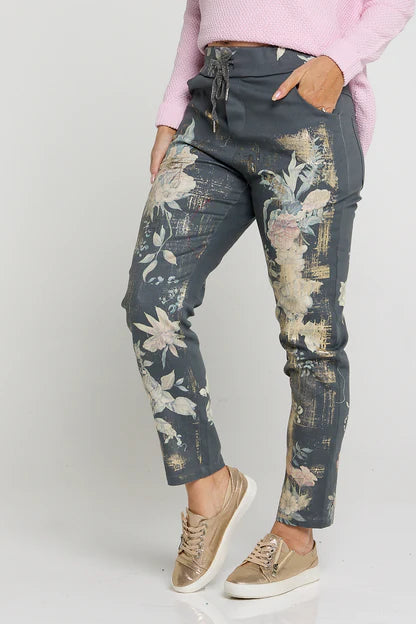 Sophia Floral Pants - Charcoal