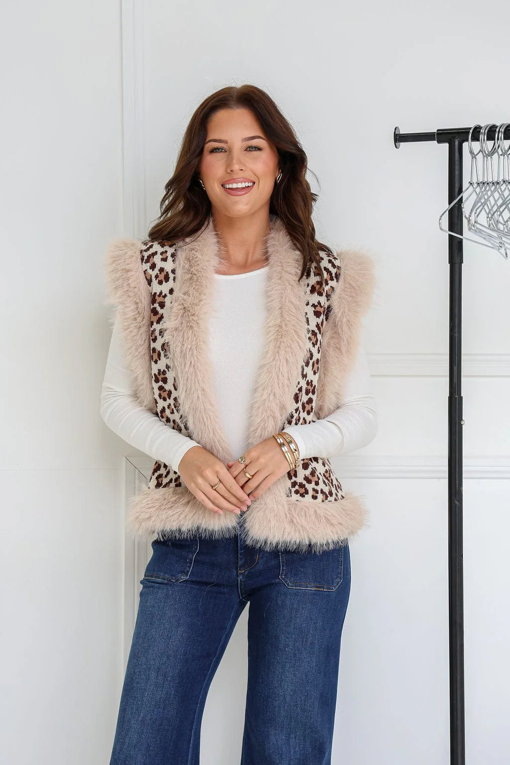 Faux Fur Trim Leopard Knit Vest - Cream