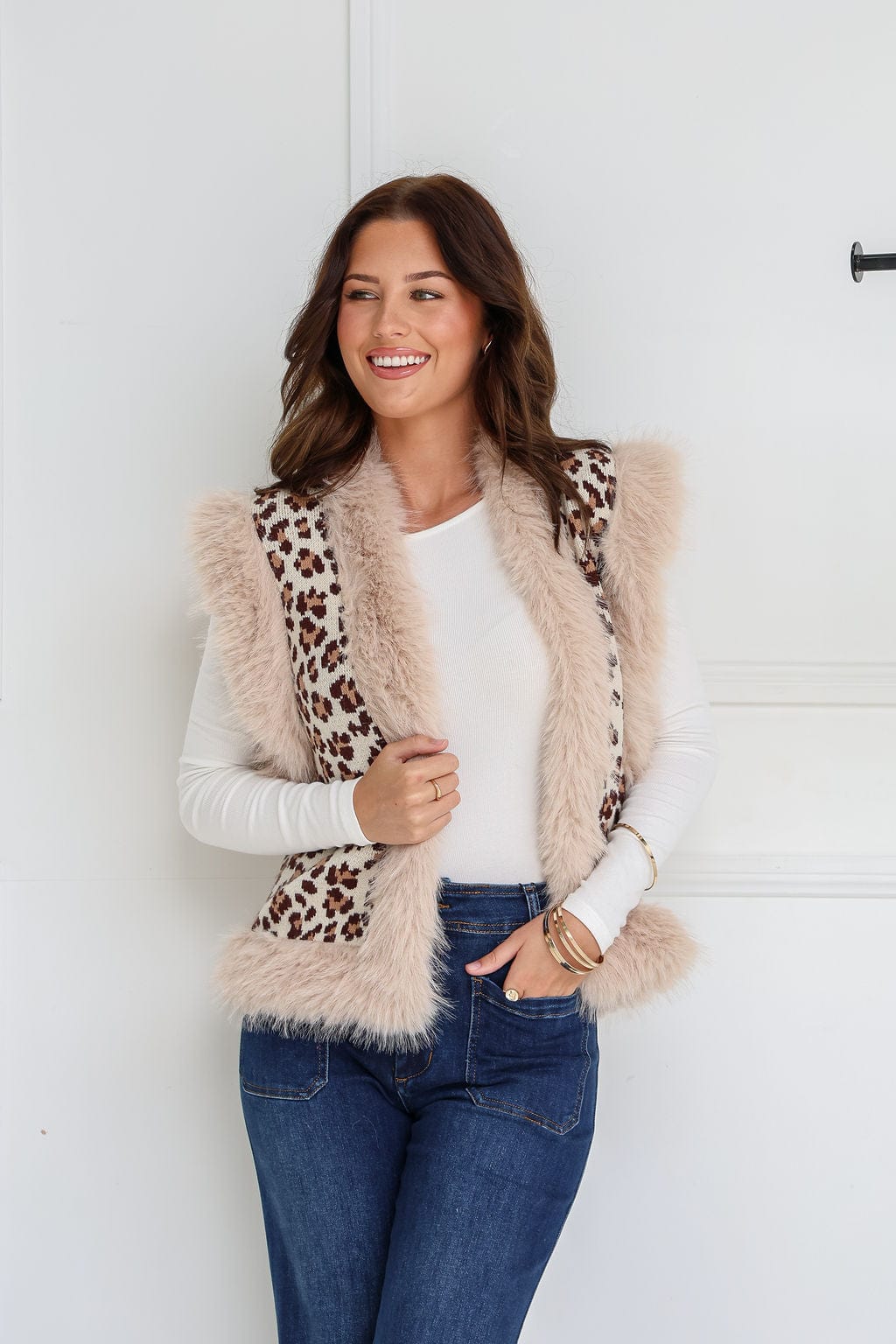 Faux Fur Trim Leopard Knit Vest - Cream