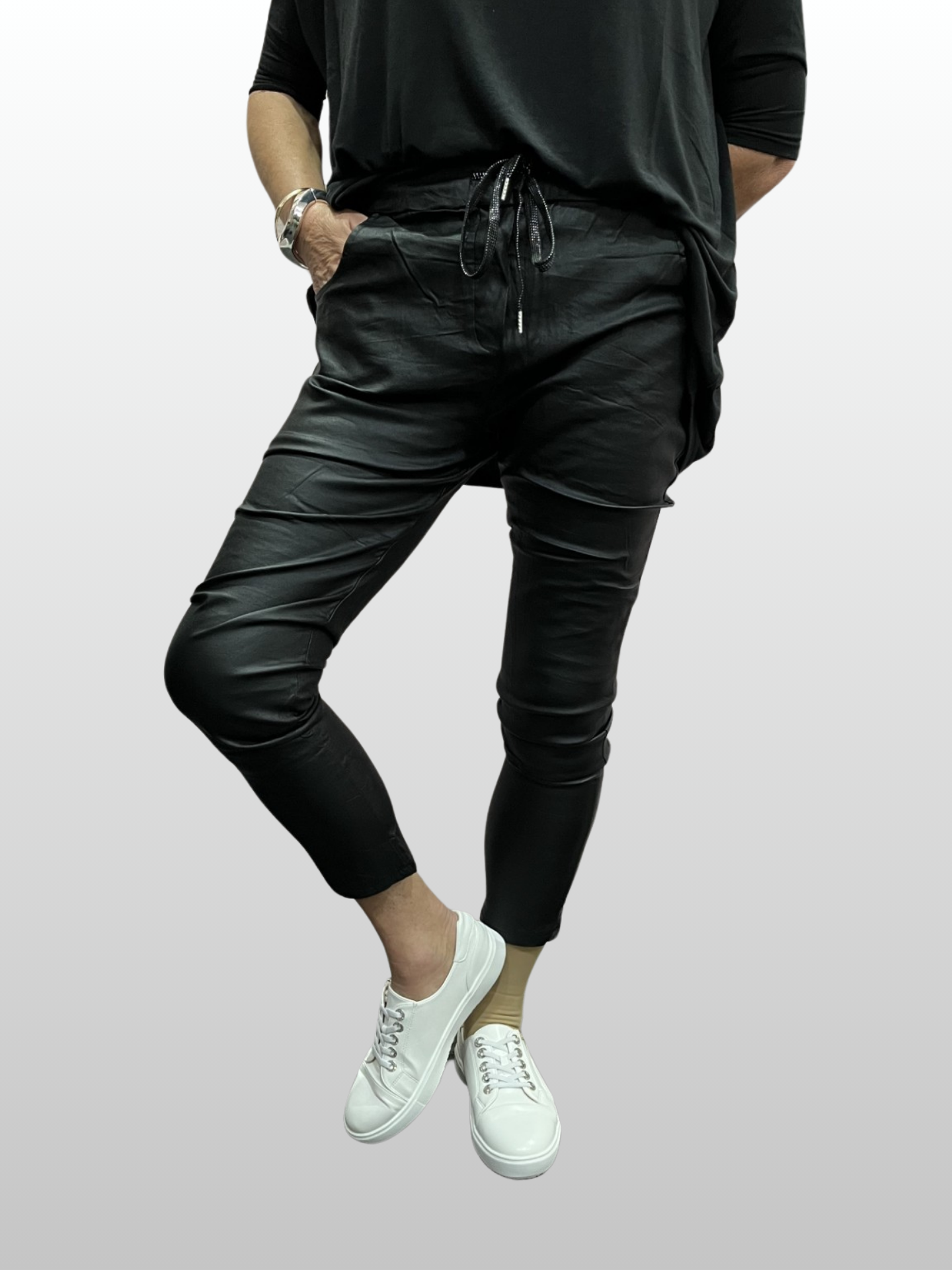 Wet Look Faux Leather Magic Pants - Black