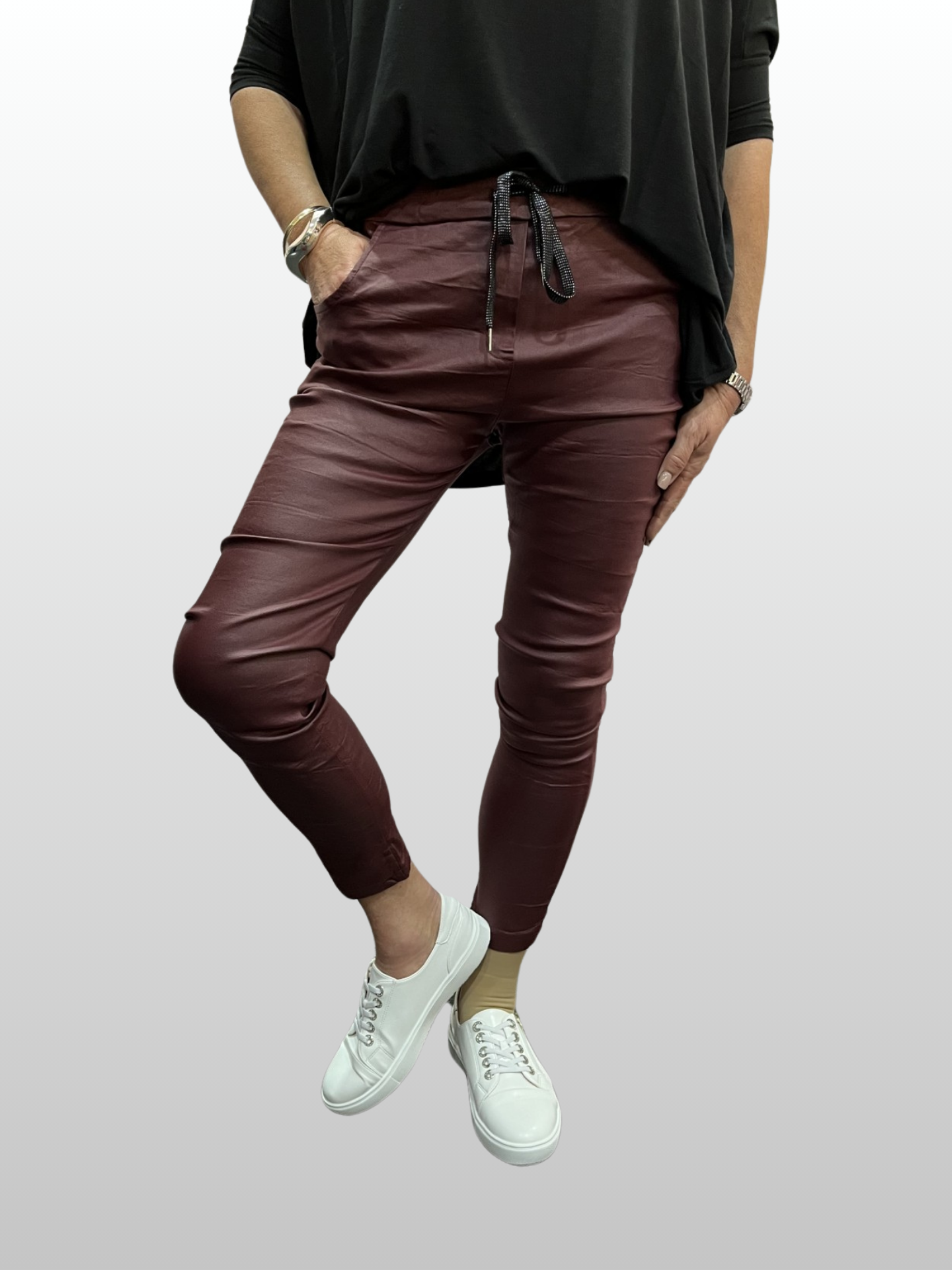 Wet Look Faux Leather Magic Pants - Wine Red