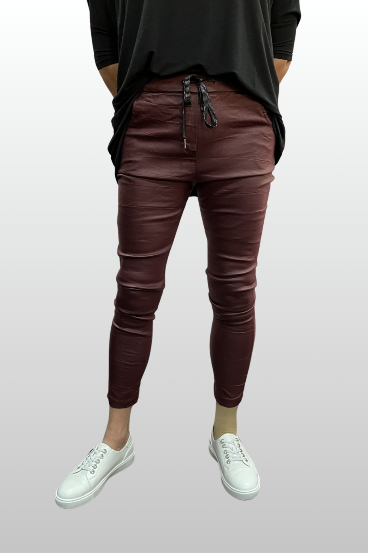 Wet Look Faux Leather Magic Pants - Wine Red