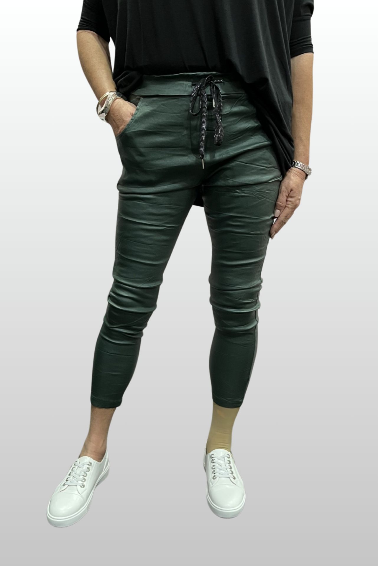 Wet Look Faux Leather Magic Pants - Green