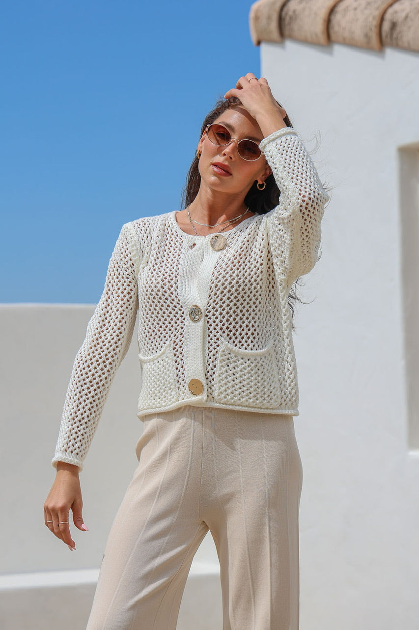 Chunky Gold Button Knit Cardigan - Winter White