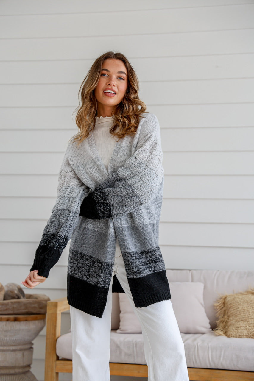 Chunky Knit Ombre Stripe Cardigan - Grey/Black
