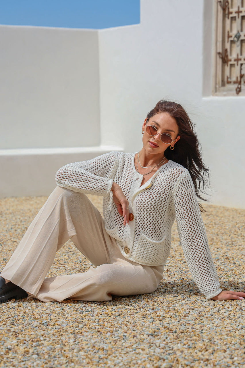 Chunky Gold Button Knit Cardigan - Winter White