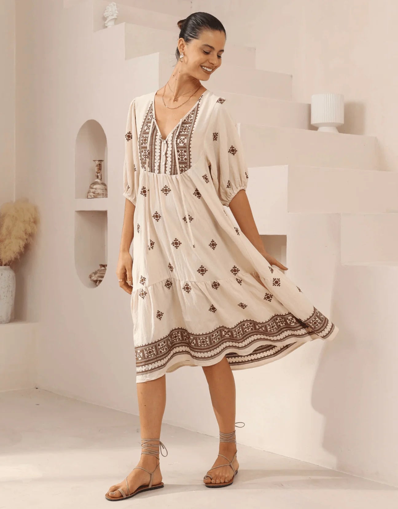 Iris Maxi Diamond Embroidered Midi Dress - Beige/Brown