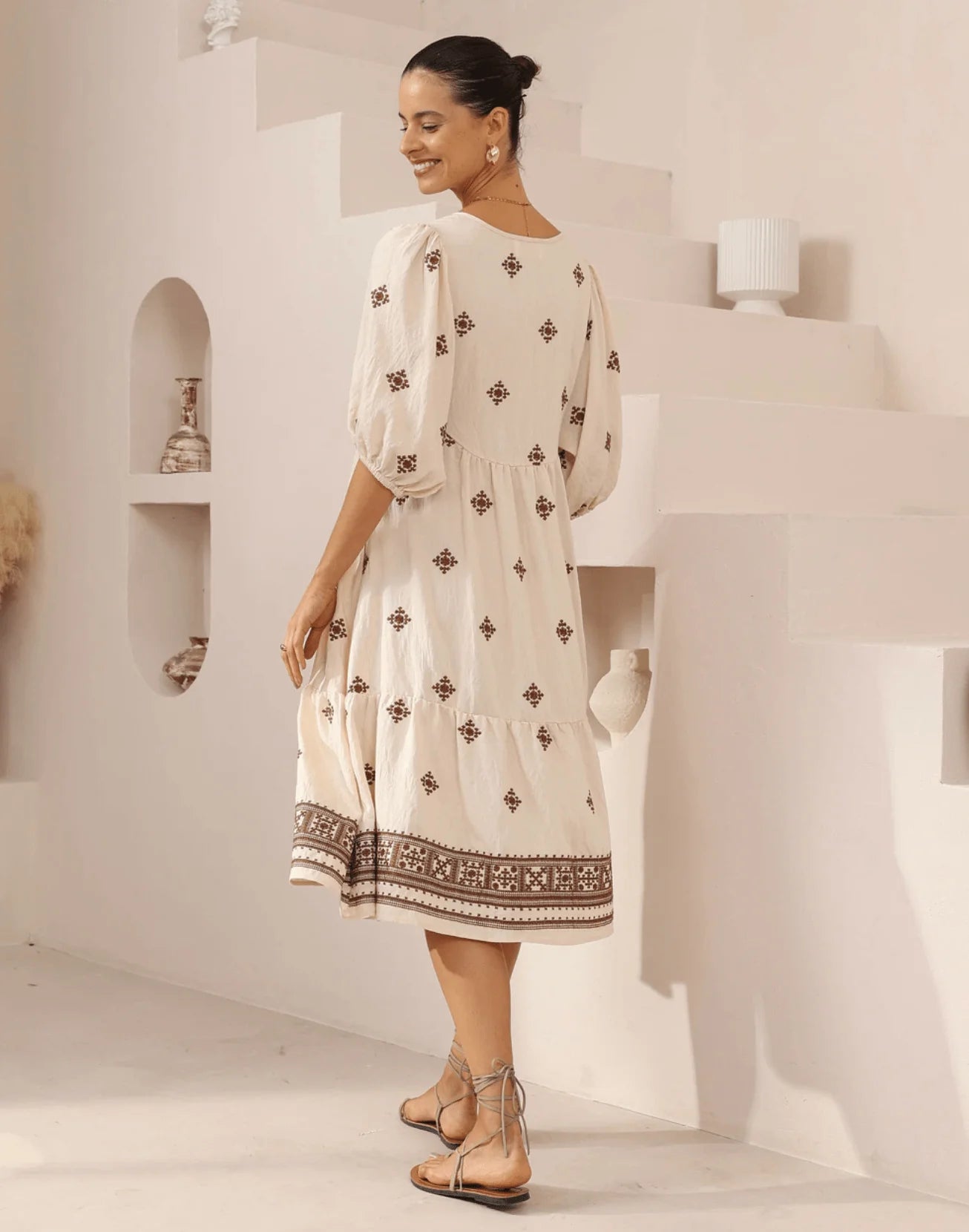 Iris Maxi Diamond Embroidered Midi Dress - Beige/Brown
