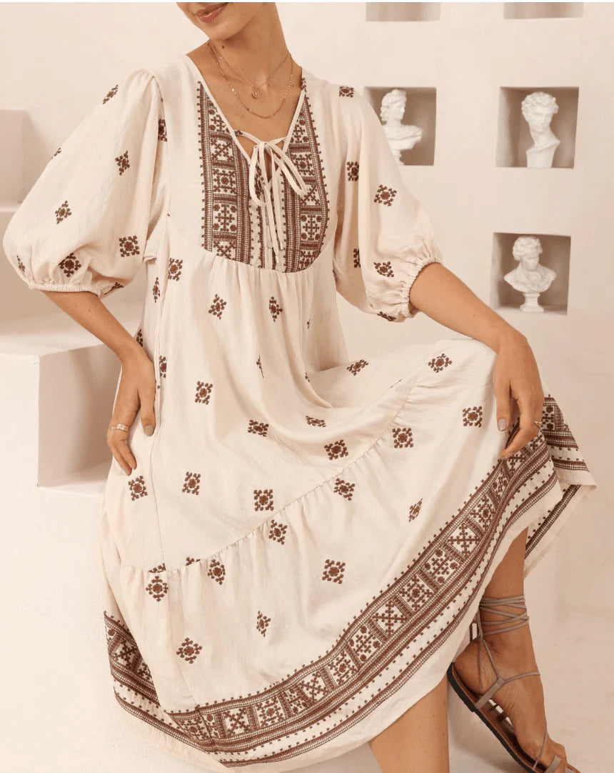 Iris Maxi Diamond Embroidered Midi Dress - Beige/Brown