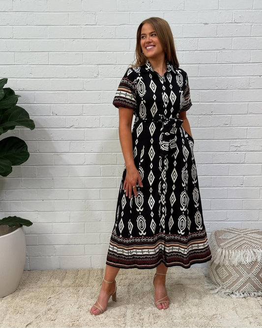 Aztec Button Up Maxi Dress Black