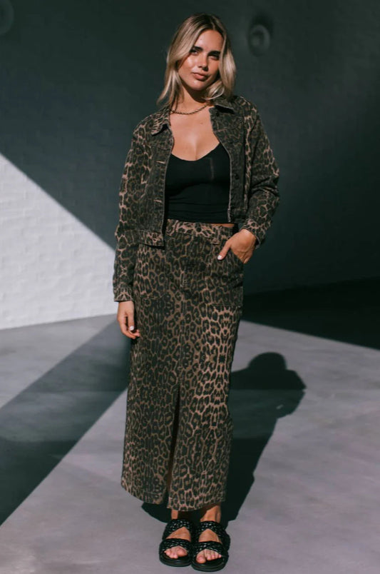 Stretch Denim Leopard Maxi Skirt