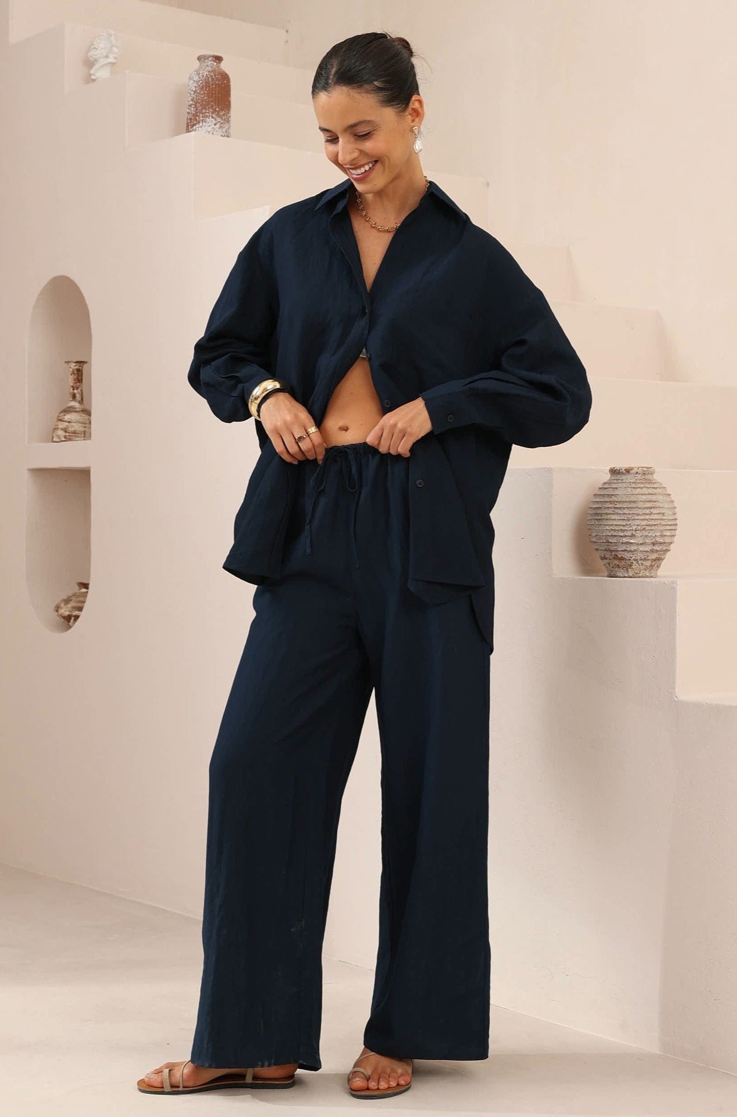 Iris Maxi Shirt & Pants Set - Navy