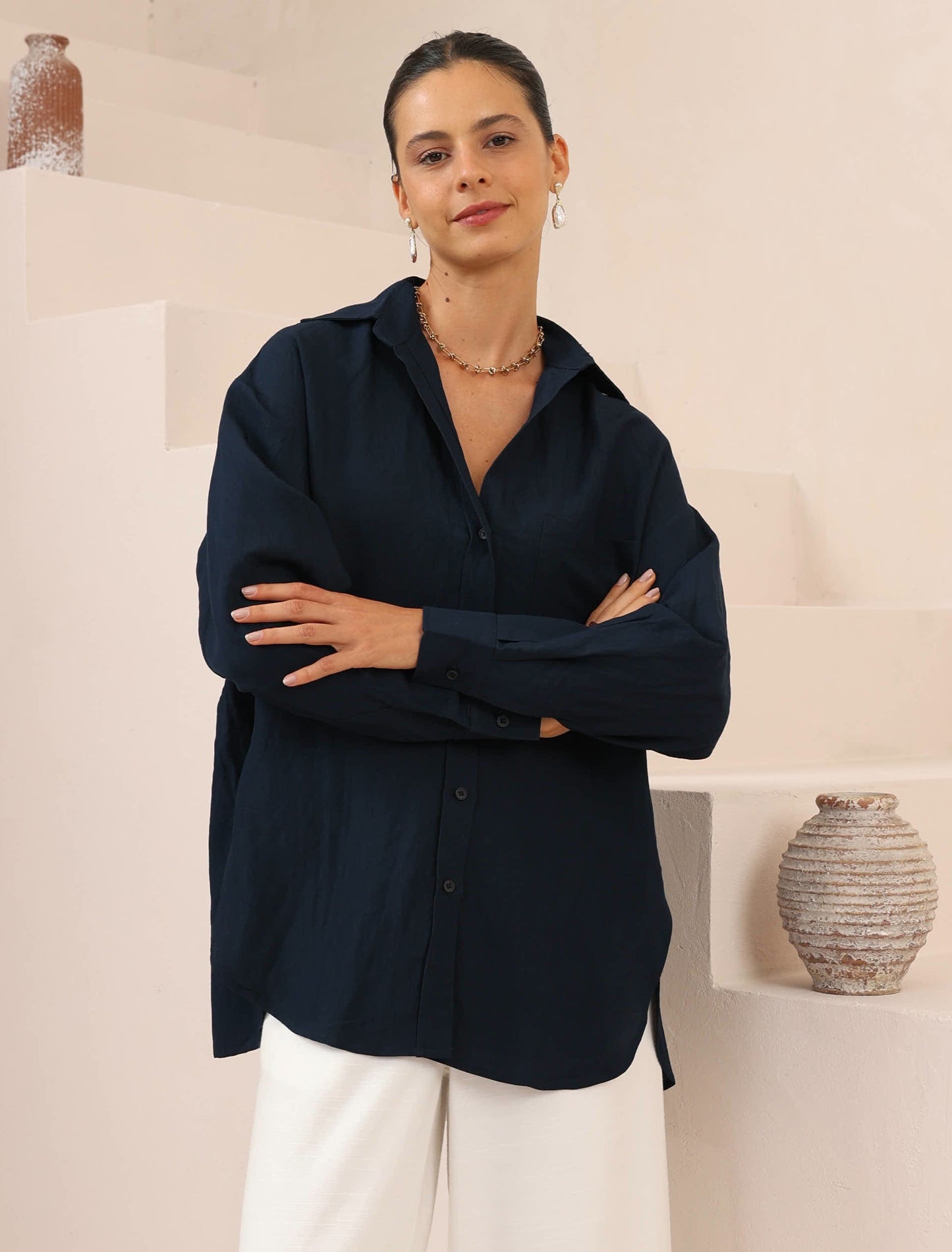 Iris Maxi Shirt & Pants Set - Navy