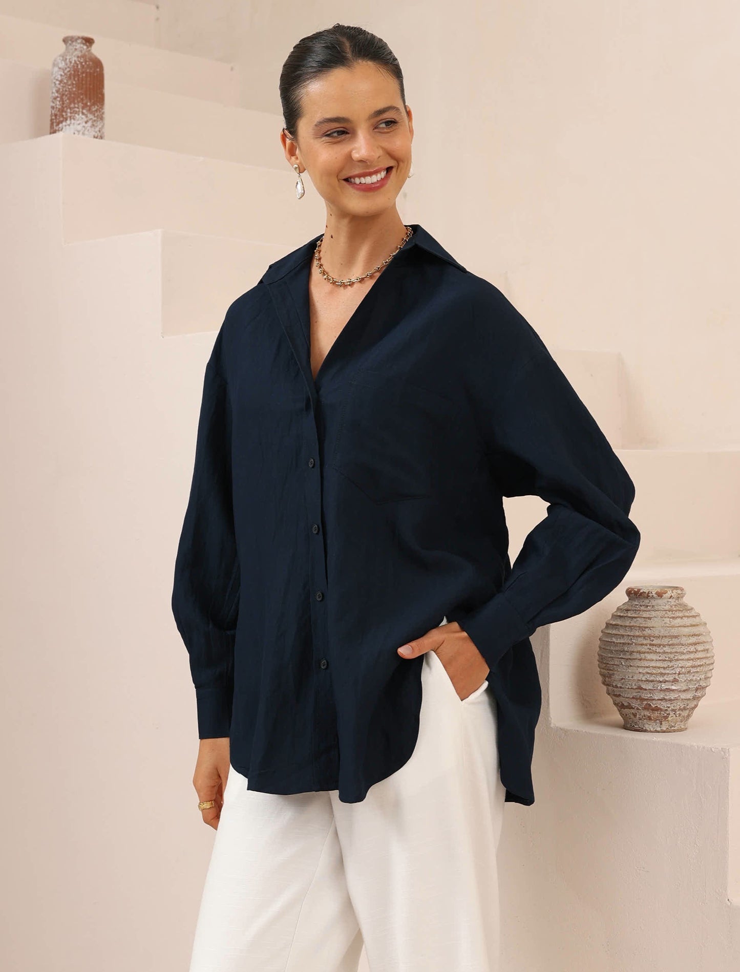 Iris Maxi Shirt & Pants Set - Navy