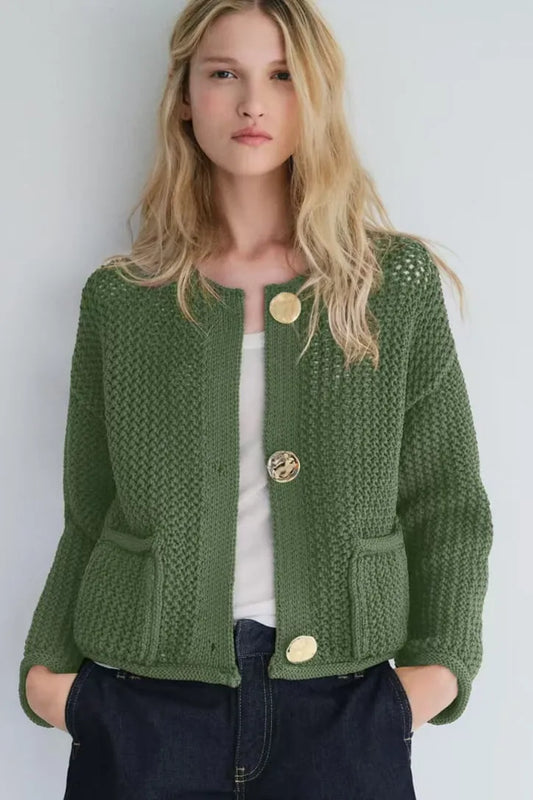 Gold Button Cardigan Army Green