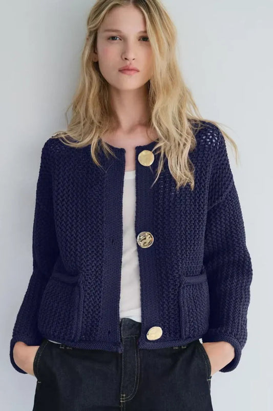 Gold Button Cardigan Navy