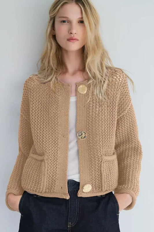 Gold Button Cardigan Camel