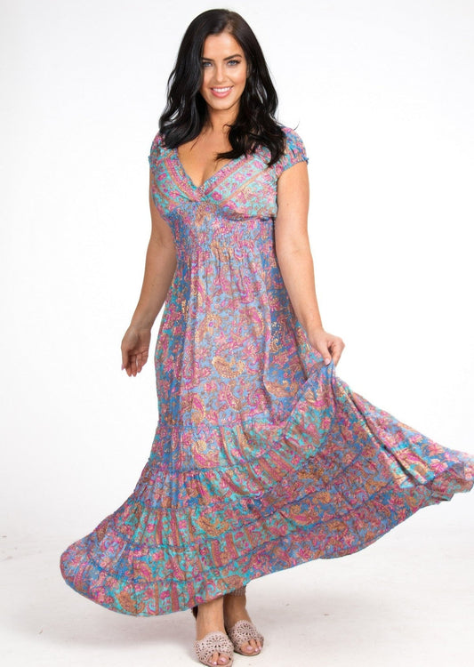 Silk Maxi Dress Blue/Pink