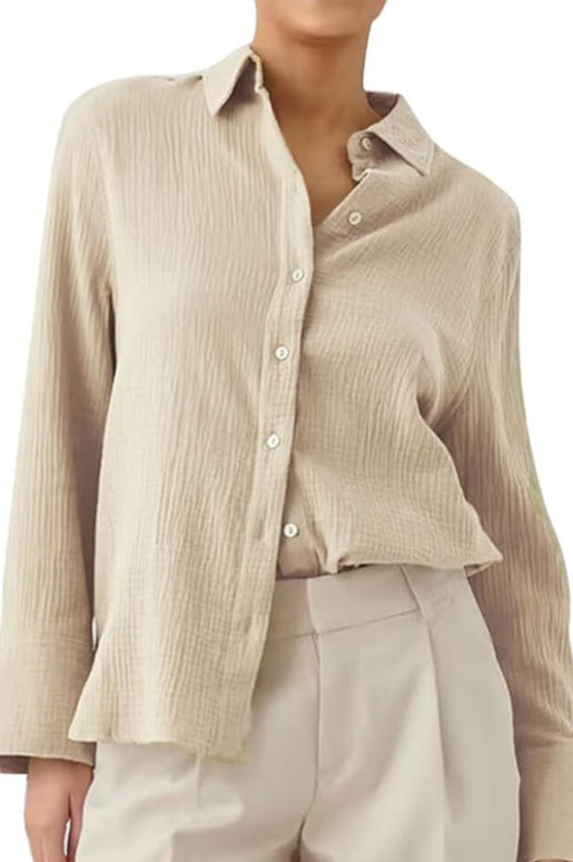 Long Sleeve Button Up Shirt Beige