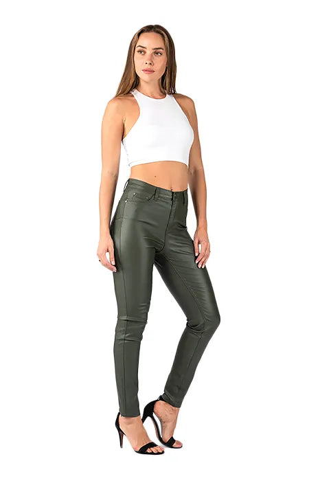 Wakee Khaki Wet Look High Rise Jeans