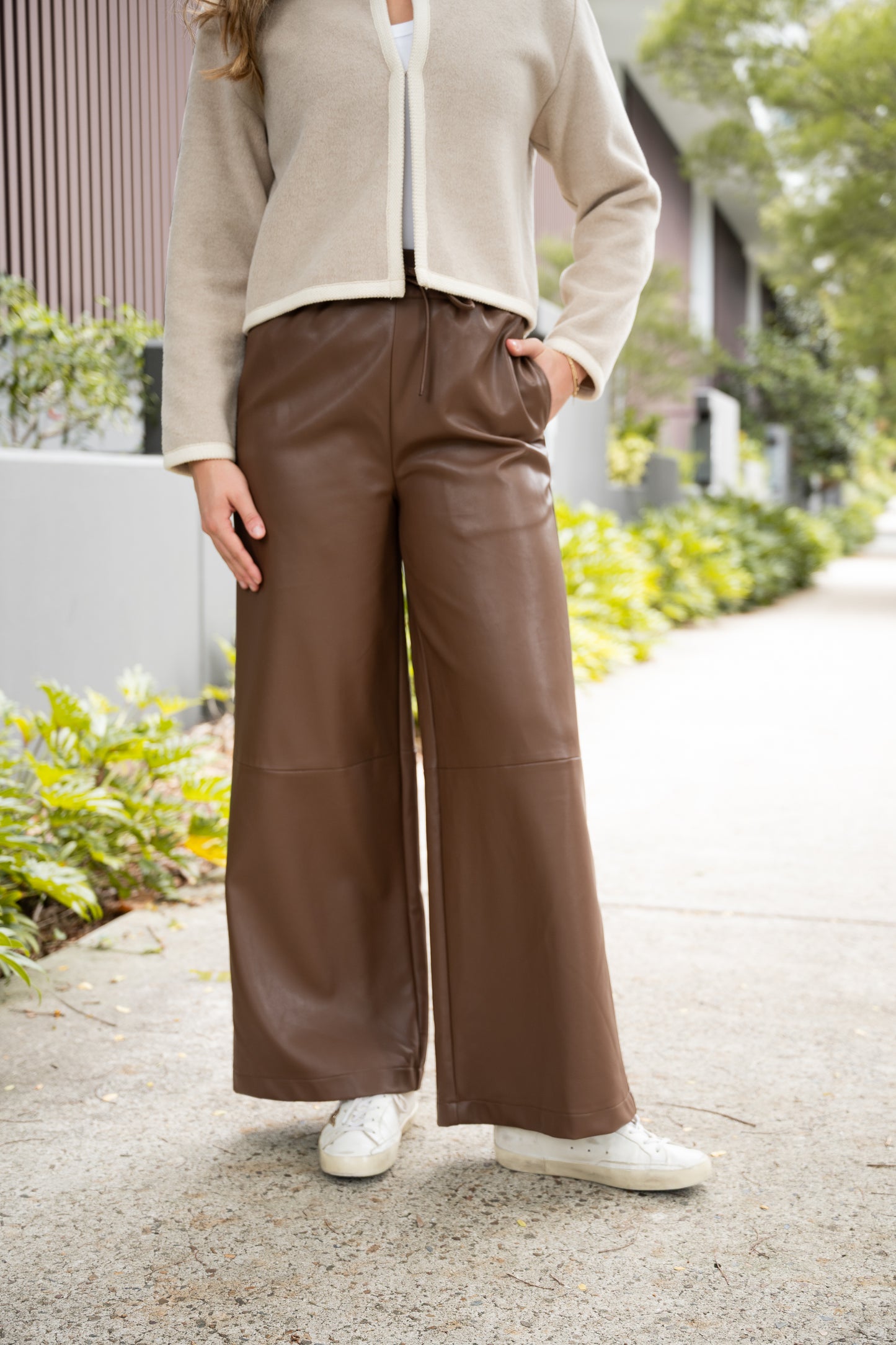 Faux Leather High Waist Relaxed Pant - Brown