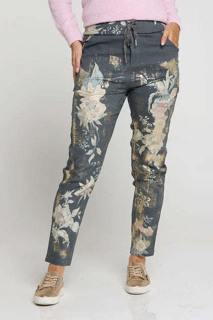 Sophia Floral Pants - Charcoal