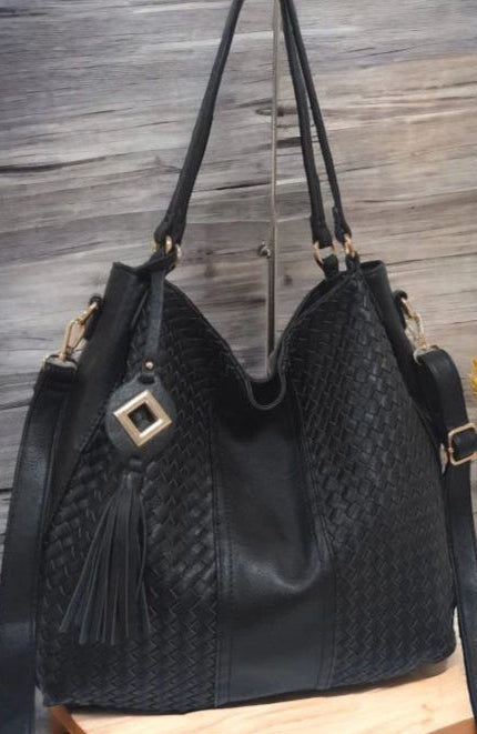 Woven Hobo Handbag - Black