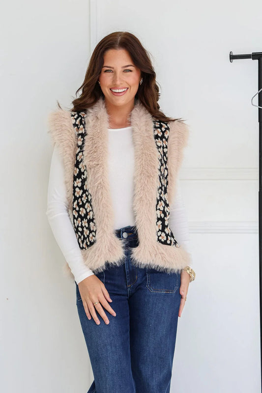 Faux Fur Trim Leopard Knit Vest - Black