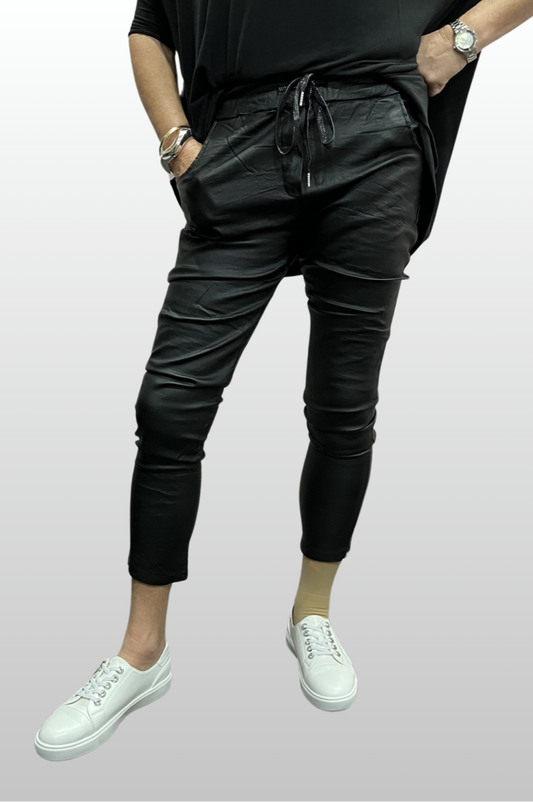 Wet Look Faux Leather Magic Pants - Black
