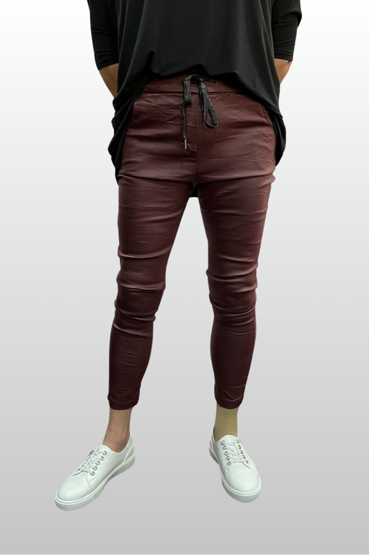 Wet Look Faux Leather Magic Pants - Wine Red