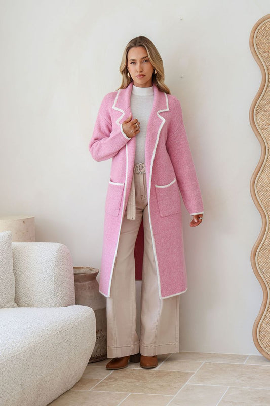 Contrast Trim Coatigan - Pink/White