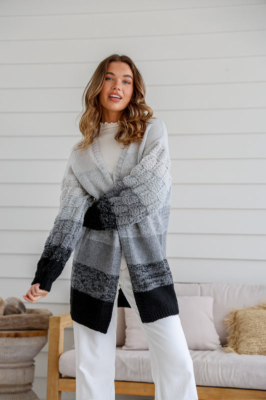 Chunky Knit Ombre Stripe Cardigan - Grey/Black