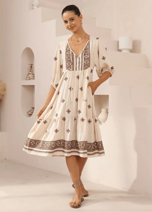 Iris Maxi Diamond Embroidered Midi Dress - Beige/Brown